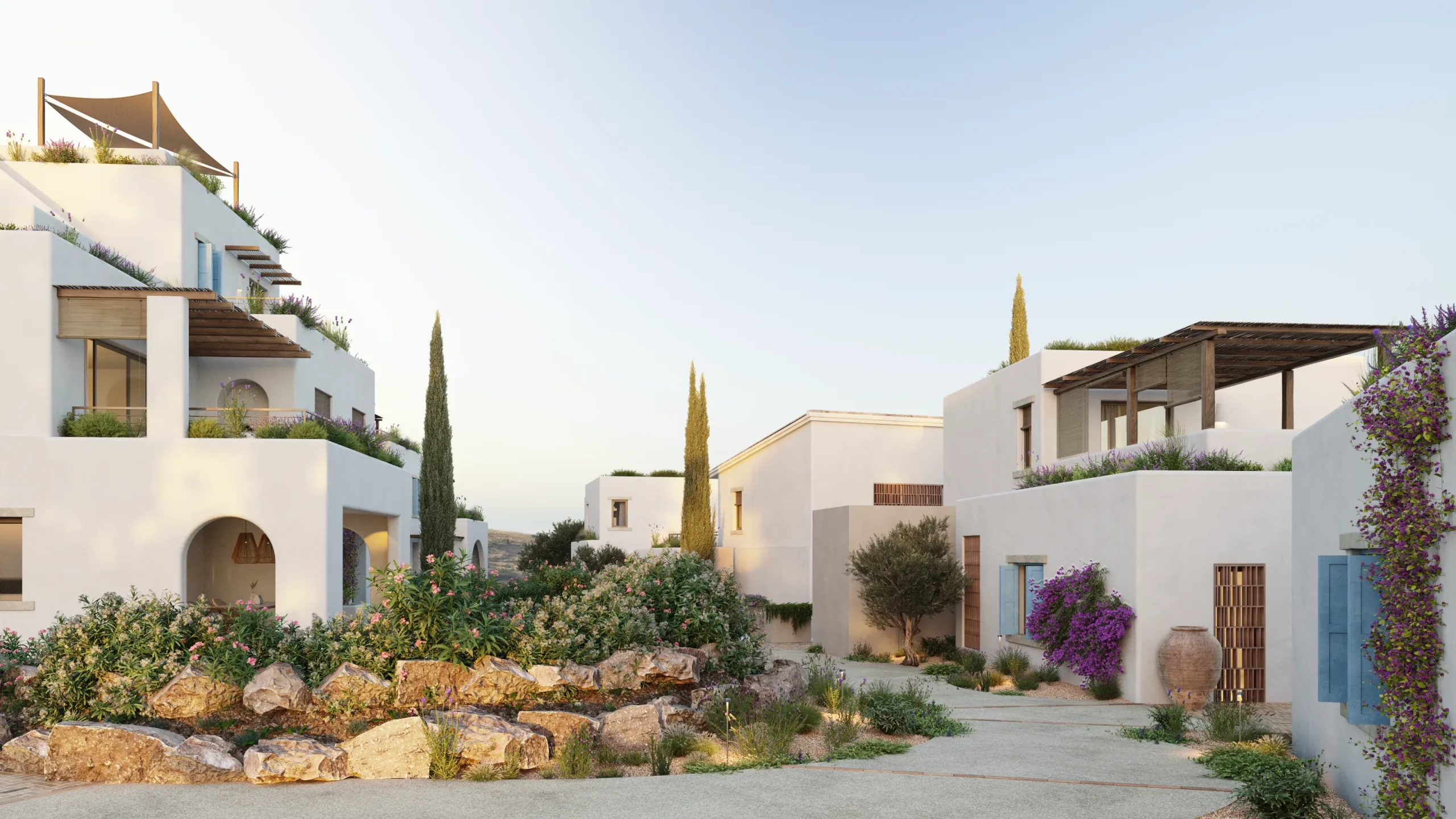 Casas blancas de obra nueva con terrazas y jardines en Oropesa del Mar