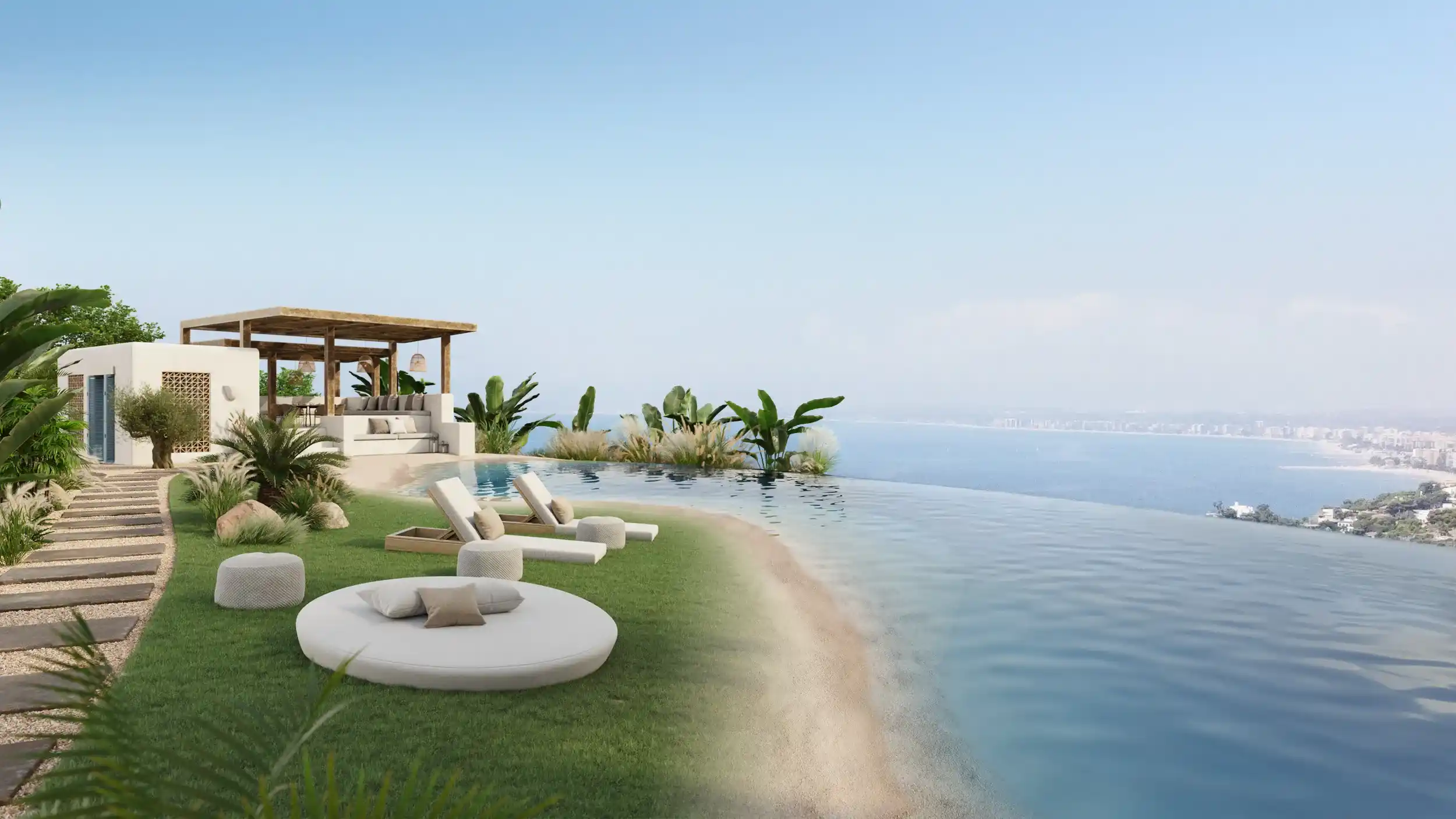 Zona chill out y piscina de playa en urbanización de lujo en Oropesa