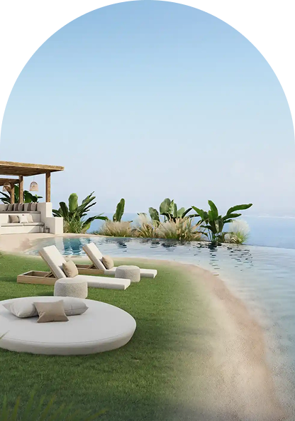 Piscina de arena con vistas panorámicas al mar Mediterráneo en un complejo residencial de lujo en Oropesa